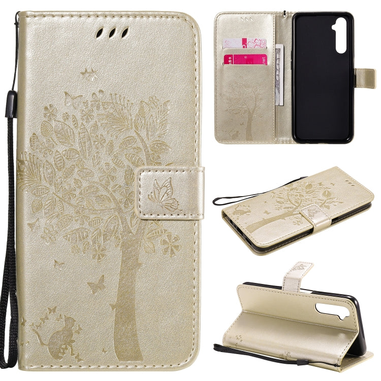 For OPPO Realme 6 Tree & Cat Embossed Pattern Horizontal Flip Leather Case with Holder & Card Slots & Wallet & Lanyard