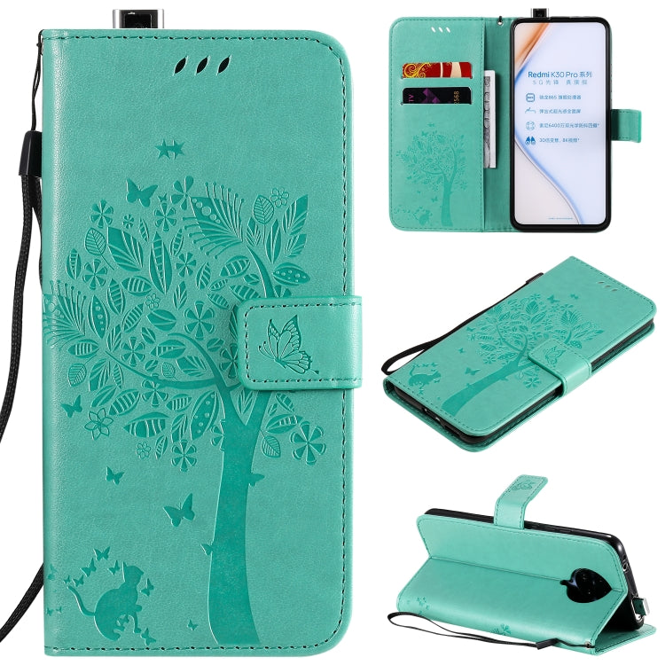 For Xiaomi Redmi K30 Pro Tree & Cat Embossed Pattern Horizontal Flip Leather Case with Holder & Card Slots & Wallet & Lanyard