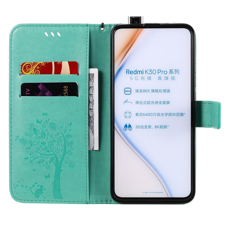 For Xiaomi Redmi K30 Pro Tree & Cat Embossed Pattern Horizontal Flip Leather Case with Holder & Card Slots & Wallet & Lanyard