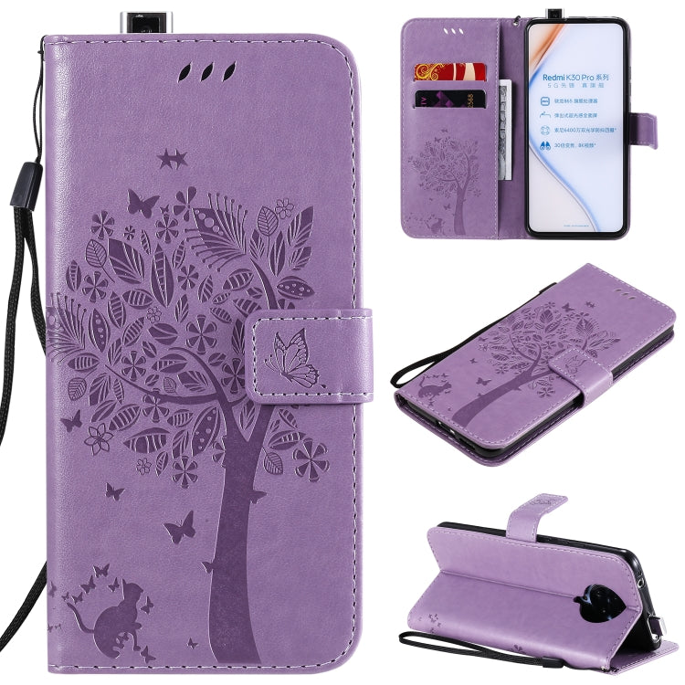 For Xiaomi Redmi K30 Pro Tree & Cat Embossed Pattern Horizontal Flip Leather Case with Holder & Card Slots & Wallet & Lanyard