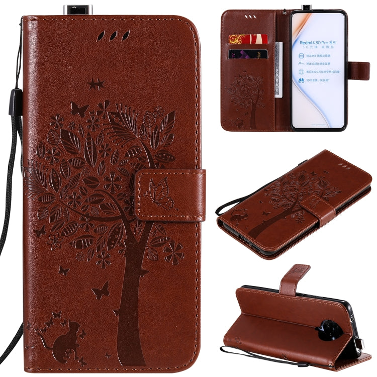 For Xiaomi Redmi K30 Pro Tree & Cat Embossed Pattern Horizontal Flip Leather Case with Holder & Card Slots & Wallet & Lanyard