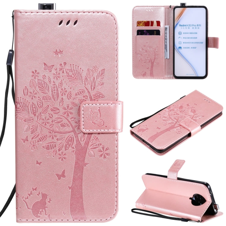 For Xiaomi Redmi K30 Pro Tree & Cat Embossed Pattern Horizontal Flip Leather Case with Holder & Card Slots & Wallet & Lanyard