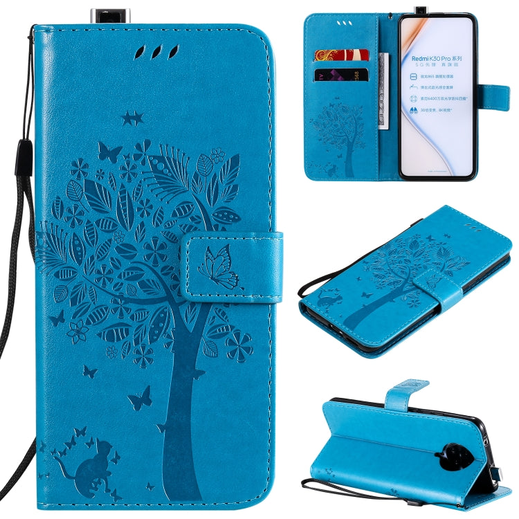 For Xiaomi Redmi K30 Pro Tree & Cat Embossed Pattern Horizontal Flip Leather Case with Holder & Card Slots & Wallet & Lanyard