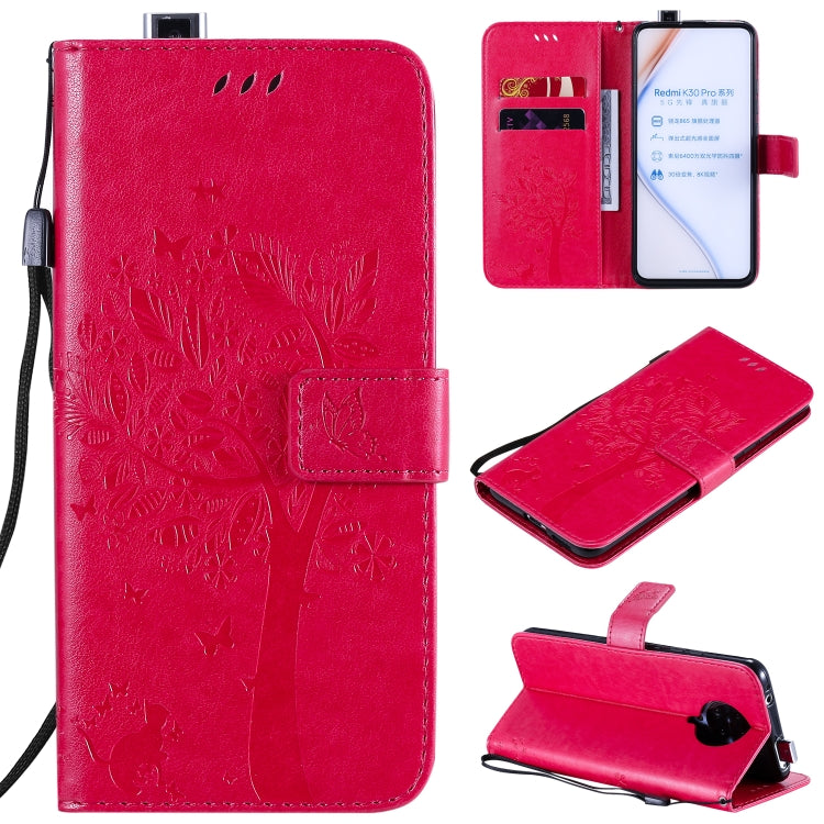 For Xiaomi Redmi K30 Pro Tree & Cat Embossed Pattern Horizontal Flip Leather Case with Holder & Card Slots & Wallet & Lanyard