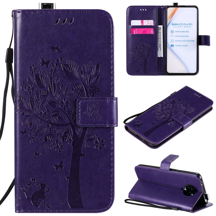 For Xiaomi Redmi K30 Pro Tree & Cat Embossed Pattern Horizontal Flip Leather Case with Holder & Card Slots & Wallet & Lanyard