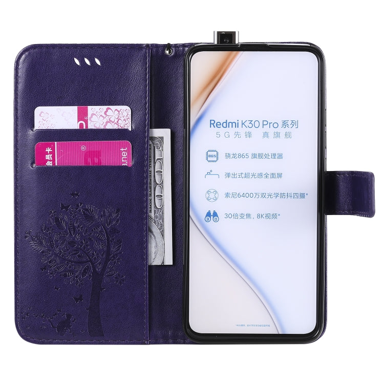 For Xiaomi Redmi K30 Pro Tree & Cat Embossed Pattern Horizontal Flip Leather Case with Holder & Card Slots & Wallet & Lanyard
