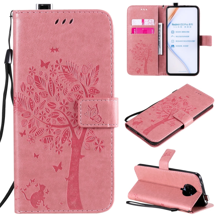 For Xiaomi Redmi K30 Pro Tree & Cat Embossed Pattern Horizontal Flip Leather Case with Holder & Card Slots & Wallet & Lanyard