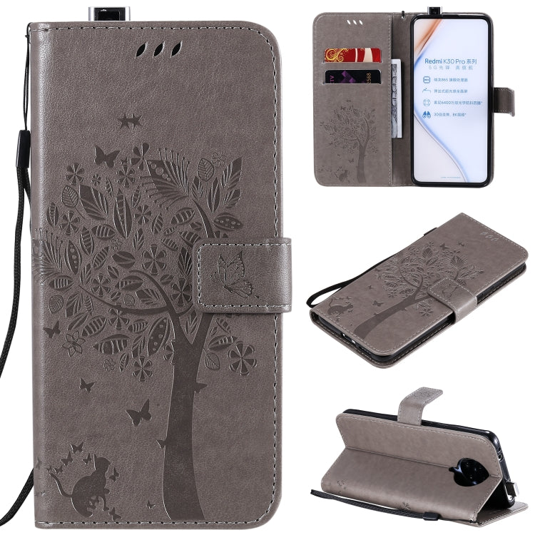 For Xiaomi Redmi K30 Pro Tree & Cat Embossed Pattern Horizontal Flip Leather Case with Holder & Card Slots & Wallet & Lanyard