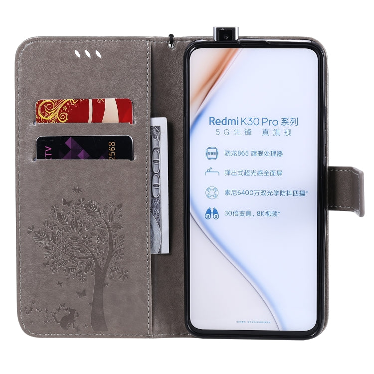 For Xiaomi Redmi K30 Pro Tree & Cat Embossed Pattern Horizontal Flip Leather Case with Holder & Card Slots & Wallet & Lanyard