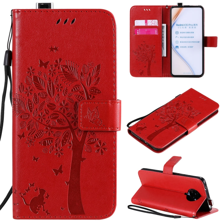 For Xiaomi Redmi K30 Pro Tree & Cat Embossed Pattern Horizontal Flip Leather Case with Holder & Card Slots & Wallet & Lanyard