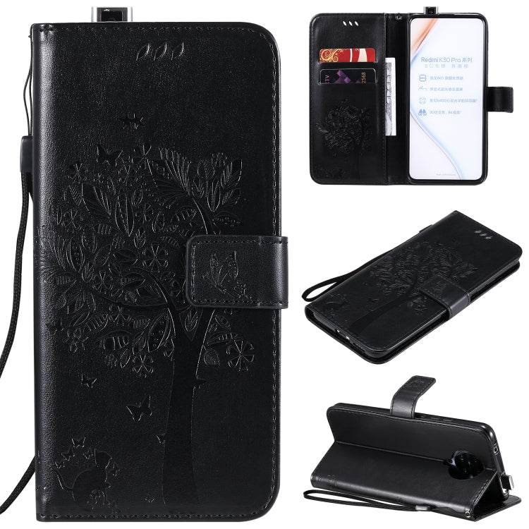 For Xiaomi Redmi K30 Pro Tree & Cat Embossed Pattern Horizontal Flip Leather Case with Holder & Card Slots & Wallet & Lanyard