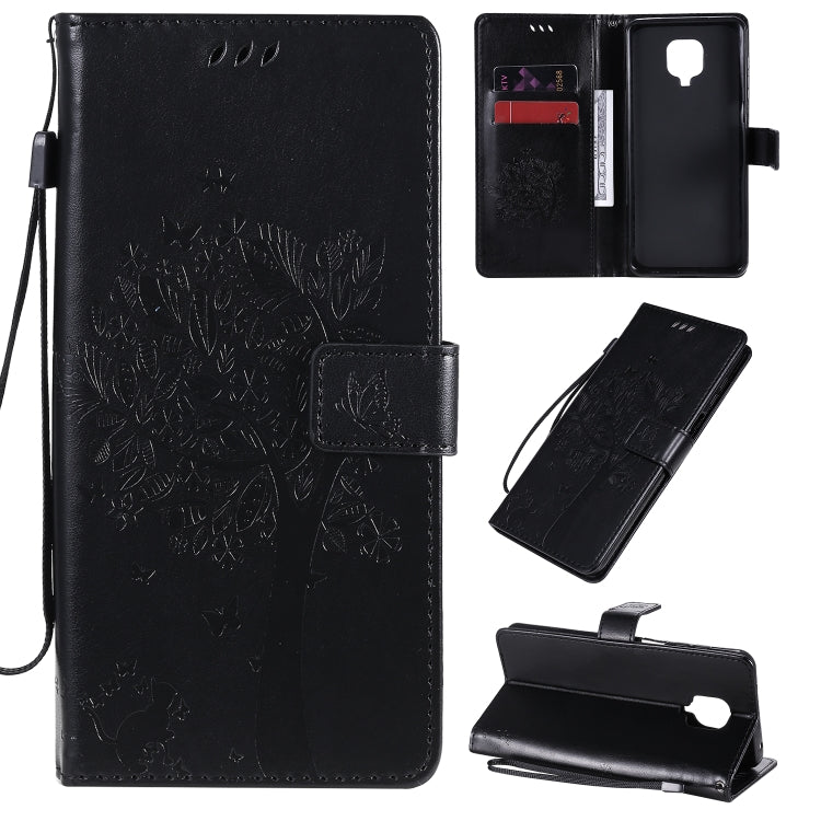 For Xiaomi Redmi Note 9 Pro Tree & Cat Embossed Pattern Horizontal Flip Leather Case with Holder & Card Slots & Wallet & Lanyard