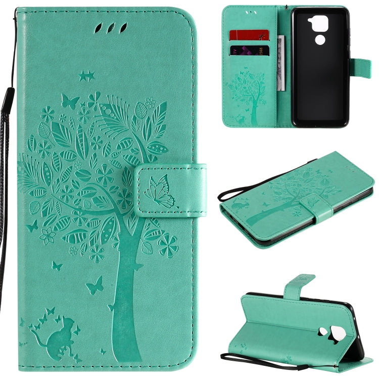 For Xiaomi Redmi Note 9 Tree & Cat Embossed Pattern Horizontal Flip Leather Case with Holder & Card Slots & Wallet & Lanyard