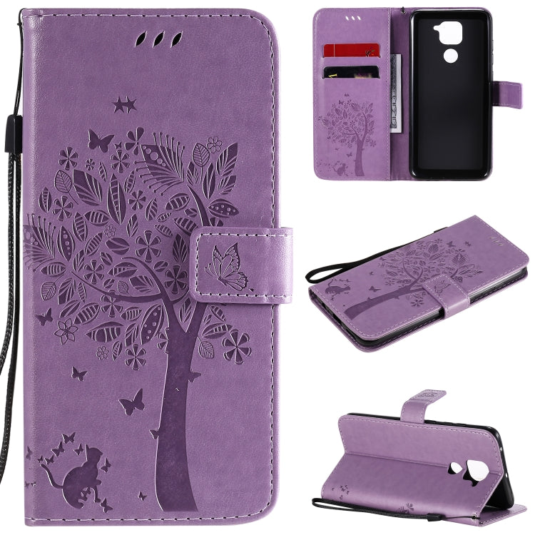 For Xiaomi Redmi Note 9 Tree & Cat Embossed Pattern Horizontal Flip Leather Case with Holder & Card Slots & Wallet & Lanyard