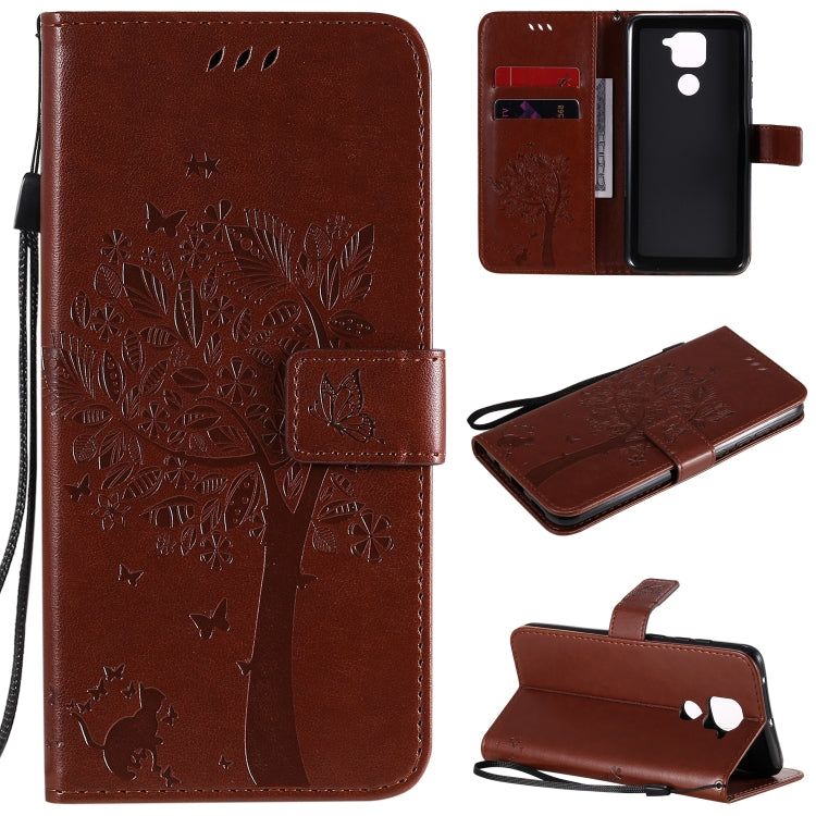 For Xiaomi Redmi Note 9 Tree & Cat Embossed Pattern Horizontal Flip Leather Case with Holder & Card Slots & Wallet & Lanyard