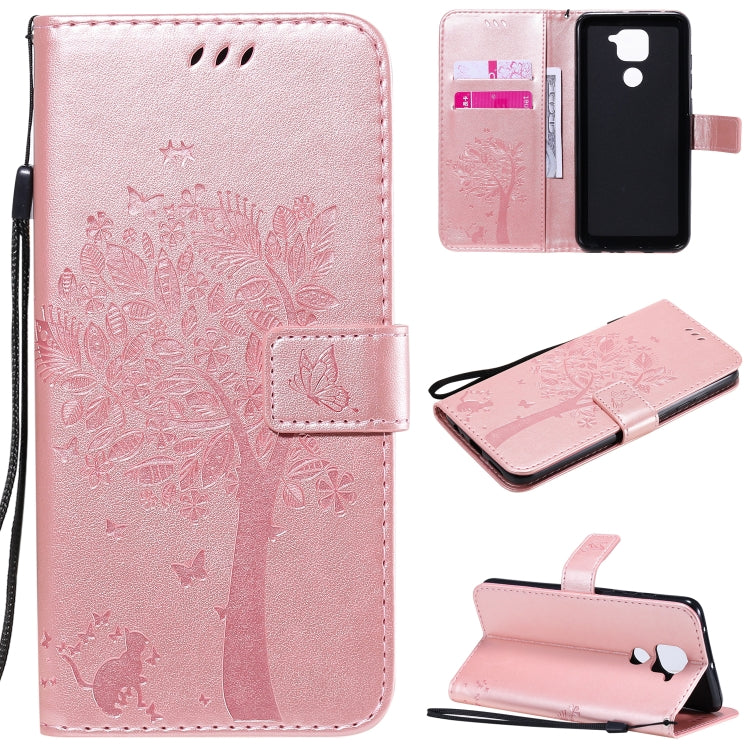 For Xiaomi Redmi Note 9 Tree & Cat Embossed Pattern Horizontal Flip Leather Case with Holder & Card Slots & Wallet & Lanyard