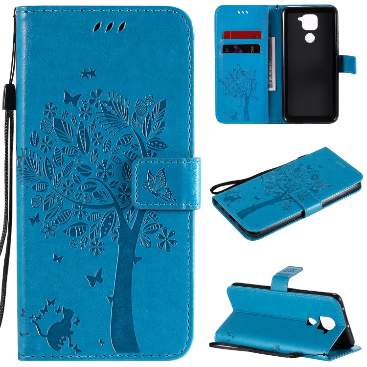 For Xiaomi Redmi Note 9 Tree & Cat Embossed Pattern Horizontal Flip Leather Case with Holder & Card Slots & Wallet & Lanyard