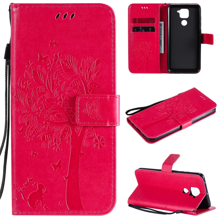For Xiaomi Redmi Note 9 Tree & Cat Embossed Pattern Horizontal Flip Leather Case with Holder & Card Slots & Wallet & Lanyard