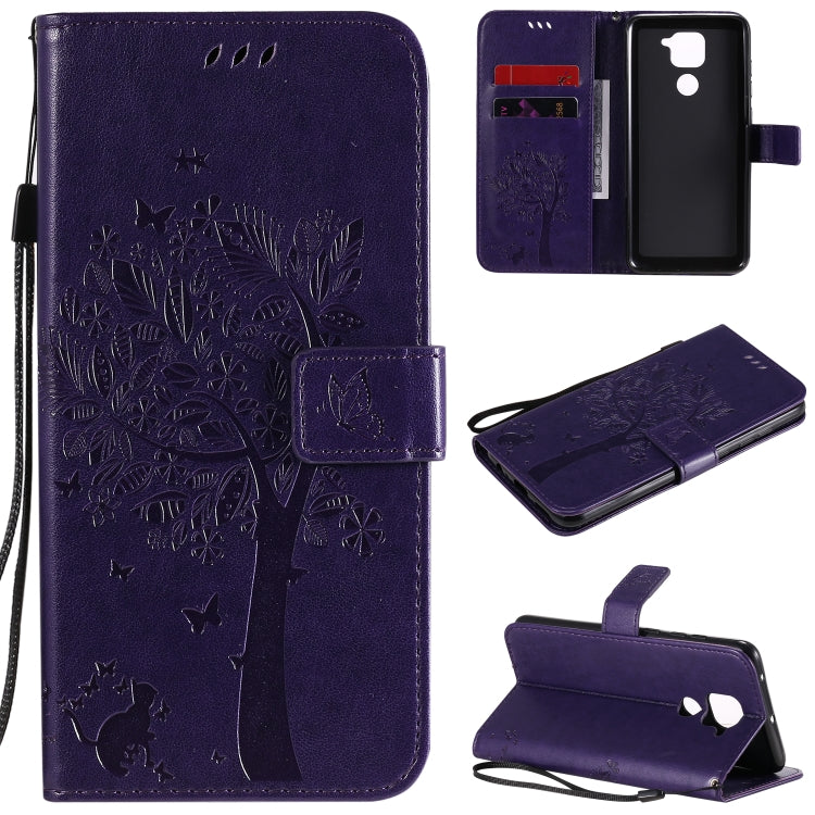 For Xiaomi Redmi Note 9 Tree & Cat Embossed Pattern Horizontal Flip Leather Case with Holder & Card Slots & Wallet & Lanyard