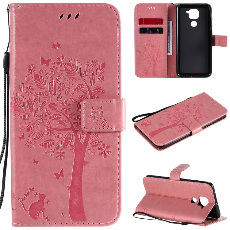 For Xiaomi Redmi Note 9 Tree & Cat Embossed Pattern Horizontal Flip Leather Case with Holder & Card Slots & Wallet & Lanyard