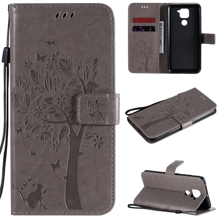 For Xiaomi Redmi Note 9 Tree & Cat Embossed Pattern Horizontal Flip Leather Case with Holder & Card Slots & Wallet & Lanyard