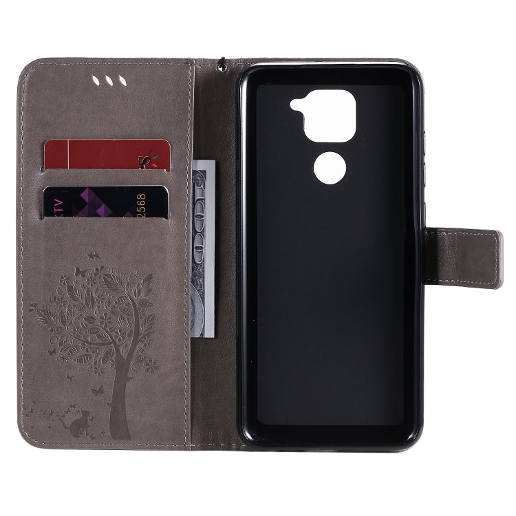 For Xiaomi Redmi Note 9 Tree & Cat Embossed Pattern Horizontal Flip Leather Case with Holder & Card Slots & Wallet & Lanyard