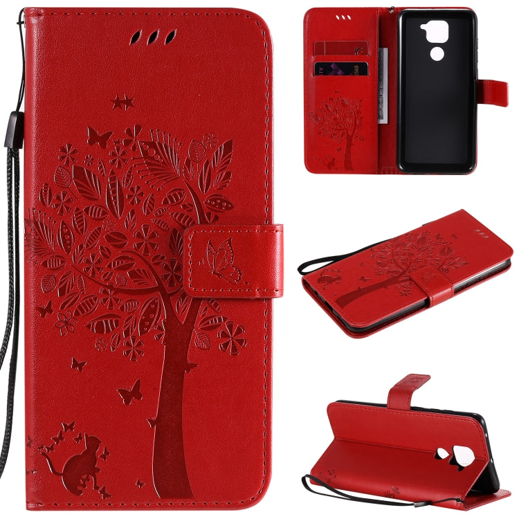 For Xiaomi Redmi Note 9 Tree & Cat Embossed Pattern Horizontal Flip Leather Case with Holder & Card Slots & Wallet & Lanyard