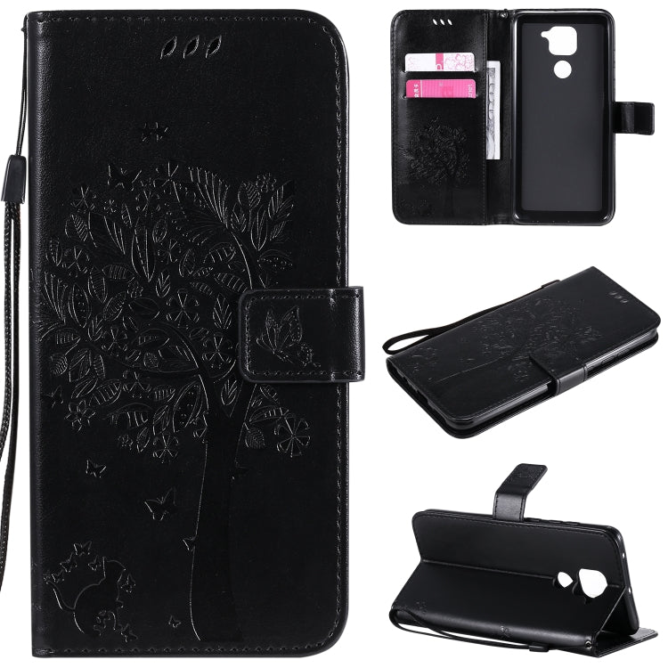 For Xiaomi Redmi Note 9 Tree & Cat Embossed Pattern Horizontal Flip Leather Case with Holder & Card Slots & Wallet & Lanyard