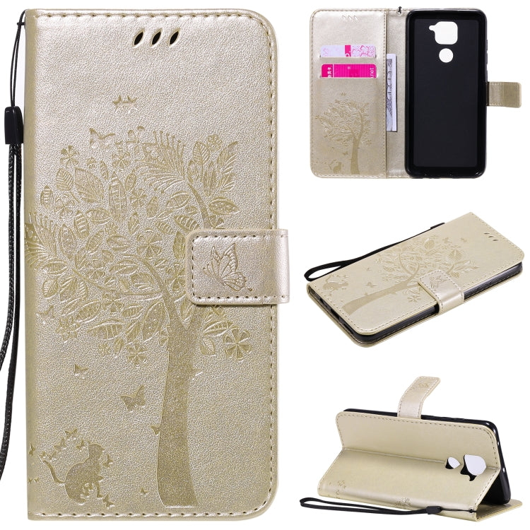 For Xiaomi Redmi Note 9 Tree & Cat Embossed Pattern Horizontal Flip Leather Case with Holder & Card Slots & Wallet & Lanyard