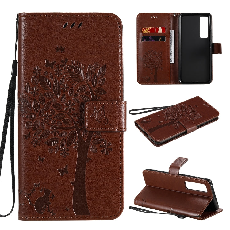 For Huawei Nova 7 Pro Tree & Cat Embossed Pattern Horizontal Flip Leather Case with Holder & Card Slots & Wallet & Lanyard