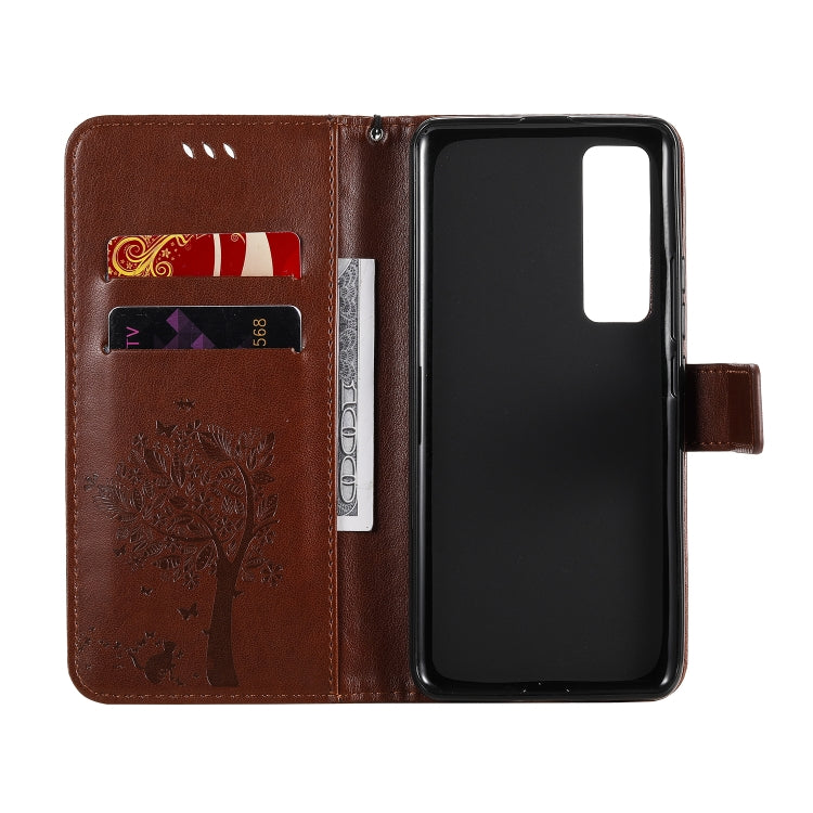 For Huawei Nova 7 Pro Tree & Cat Embossed Pattern Horizontal Flip Leather Case with Holder & Card Slots & Wallet & Lanyard