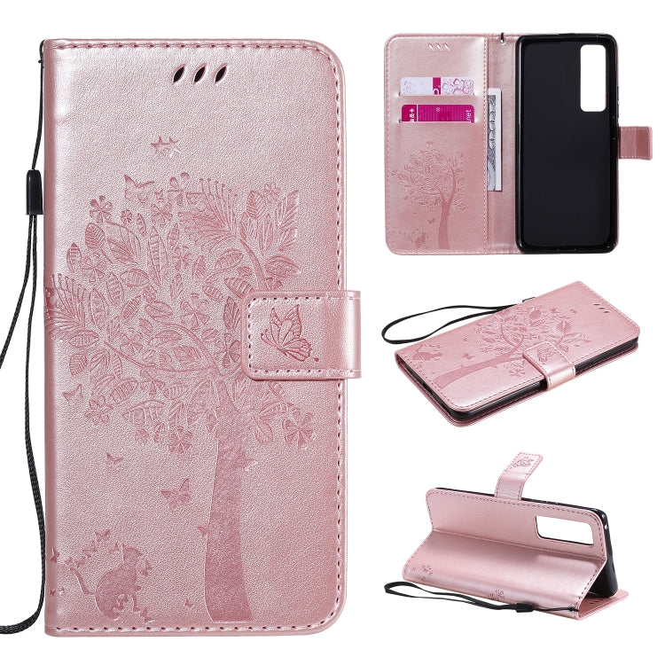 For Huawei Nova 7 Pro Tree & Cat Embossed Pattern Horizontal Flip Leather Case with Holder & Card Slots & Wallet & Lanyard
