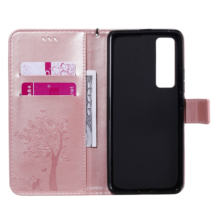 For Huawei Nova 7 Pro Tree & Cat Embossed Pattern Horizontal Flip Leather Case with Holder & Card Slots & Wallet & Lanyard