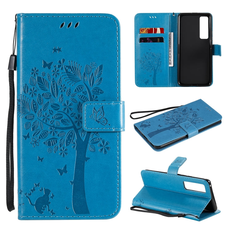 For Huawei Nova 7 Pro Tree & Cat Embossed Pattern Horizontal Flip Leather Case with Holder & Card Slots & Wallet & Lanyard