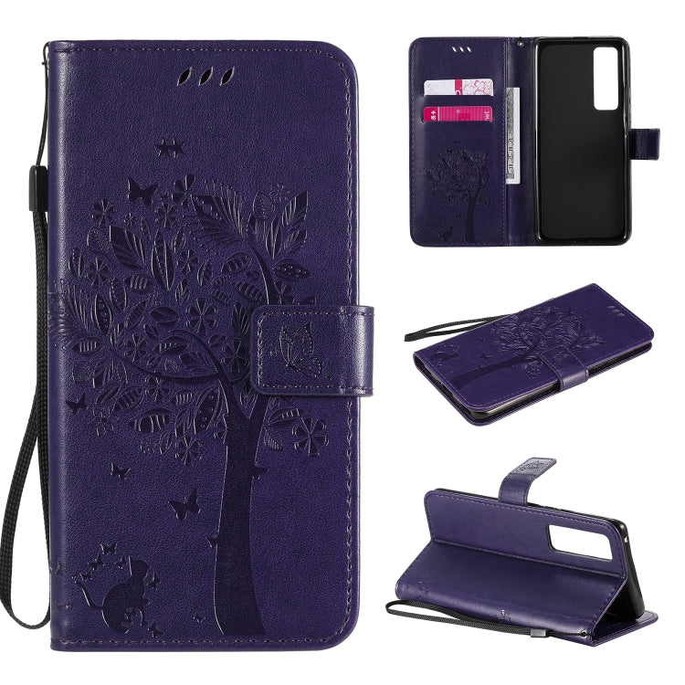 For Huawei Nova 7 Pro Tree & Cat Embossed Pattern Horizontal Flip Leather Case with Holder & Card Slots & Wallet & Lanyard