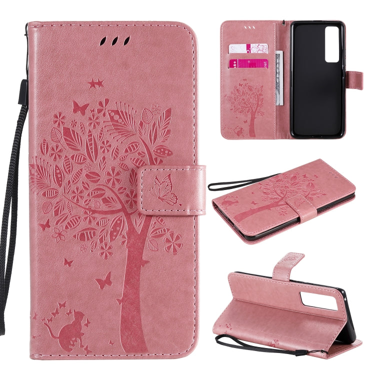 For Huawei Nova 7 Pro Tree & Cat Embossed Pattern Horizontal Flip Leather Case with Holder & Card Slots & Wallet & Lanyard