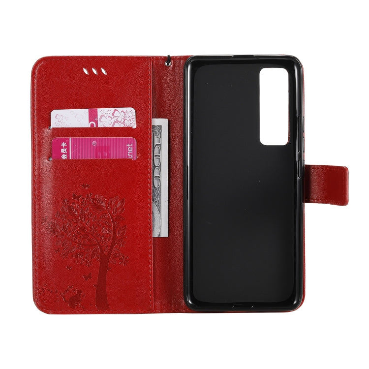For Huawei Nova 7 Pro Tree & Cat Embossed Pattern Horizontal Flip Leather Case with Holder & Card Slots & Wallet & Lanyard