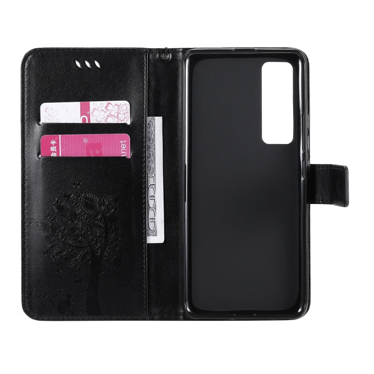 For Huawei Nova 7 Pro Tree & Cat Embossed Pattern Horizontal Flip Leather Case with Holder & Card Slots & Wallet & Lanyard