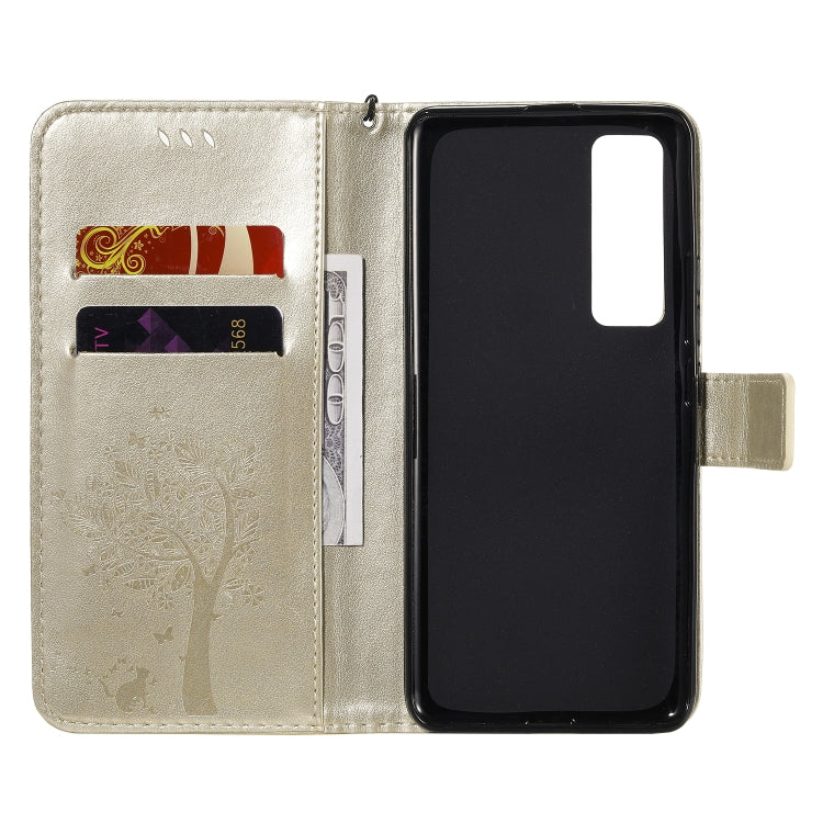 For Huawei Nova 7 Pro Tree & Cat Embossed Pattern Horizontal Flip Leather Case with Holder & Card Slots & Wallet & Lanyard