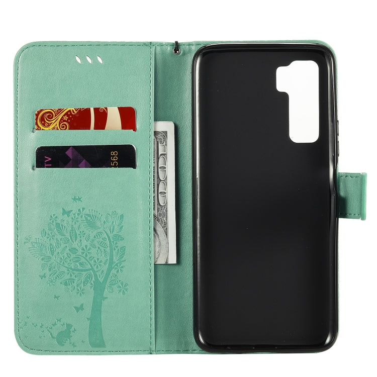 For Huawei Nova 7 SE Tree & Cat Embossed Pattern Horizontal Flip Leather Case with Holder & Card Slots & Wallet & Lanyard