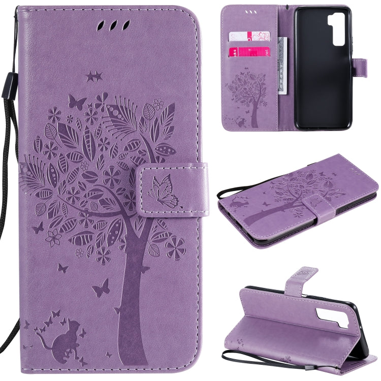 For Huawei Nova 7 SE Tree & Cat Embossed Pattern Horizontal Flip Leather Case with Holder & Card Slots & Wallet & Lanyard