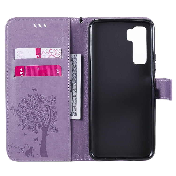For Huawei Nova 7 SE Tree & Cat Embossed Pattern Horizontal Flip Leather Case with Holder & Card Slots & Wallet & Lanyard