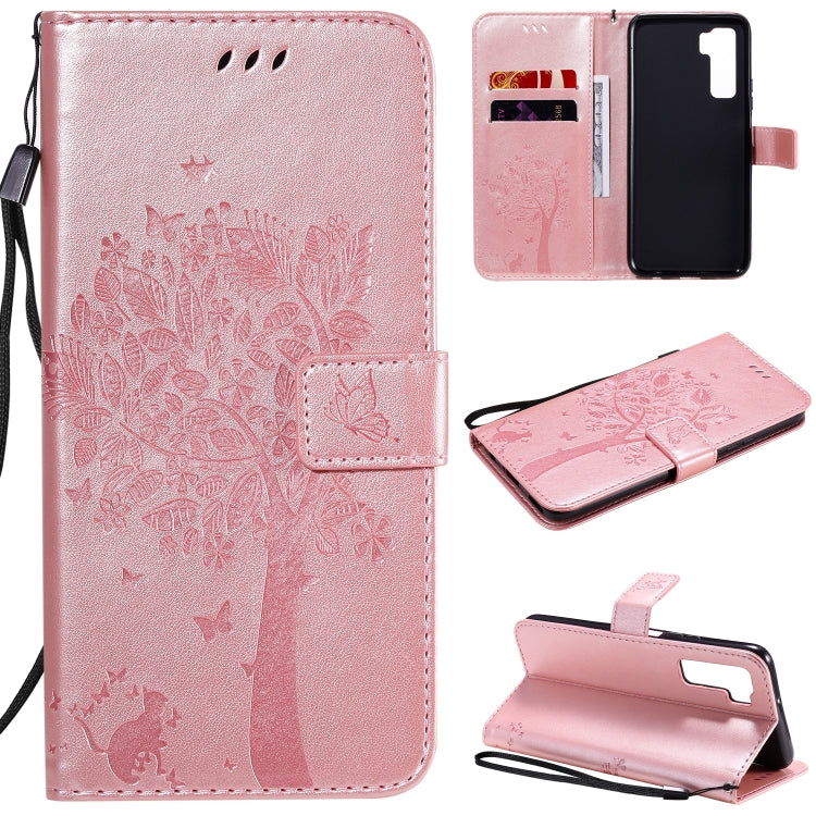 For Huawei Nova 7 SE Tree & Cat Embossed Pattern Horizontal Flip Leather Case with Holder & Card Slots & Wallet & Lanyard
