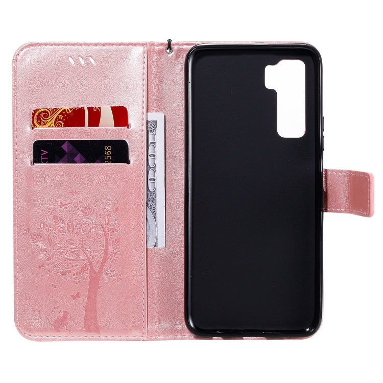 For Huawei Nova 7 SE Tree & Cat Embossed Pattern Horizontal Flip Leather Case with Holder & Card Slots & Wallet & Lanyard