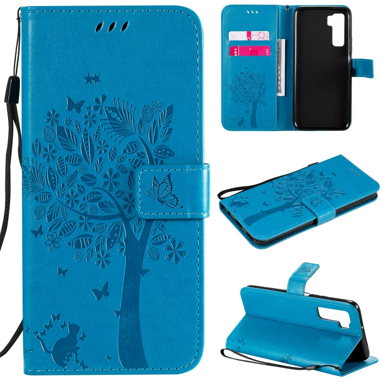 For Huawei Nova 7 SE Tree & Cat Embossed Pattern Horizontal Flip Leather Case with Holder & Card Slots & Wallet & Lanyard