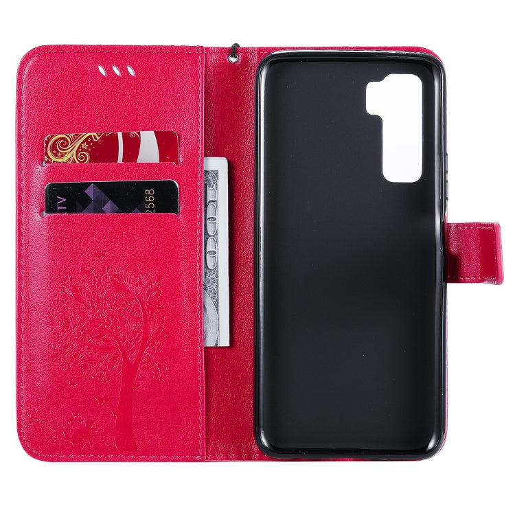 For Huawei Nova 7 SE Tree & Cat Embossed Pattern Horizontal Flip Leather Case with Holder & Card Slots & Wallet & Lanyard