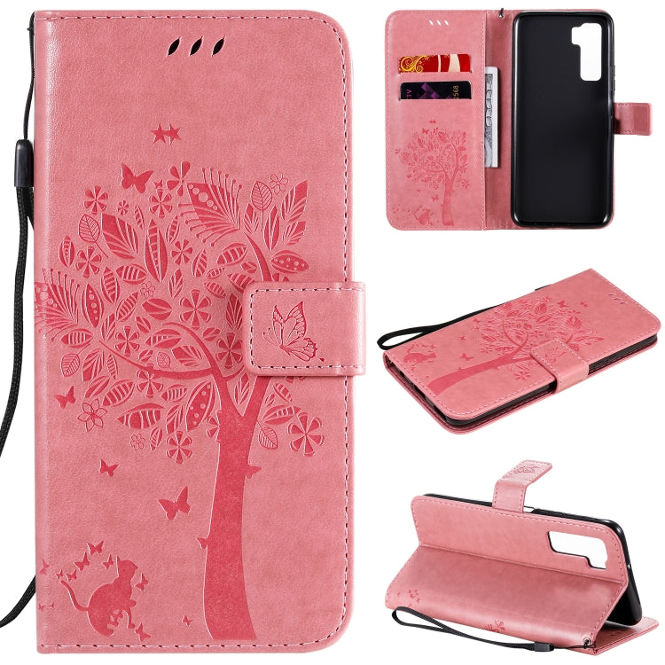 For Huawei Nova 7 SE Tree & Cat Embossed Pattern Horizontal Flip Leather Case with Holder & Card Slots & Wallet & Lanyard