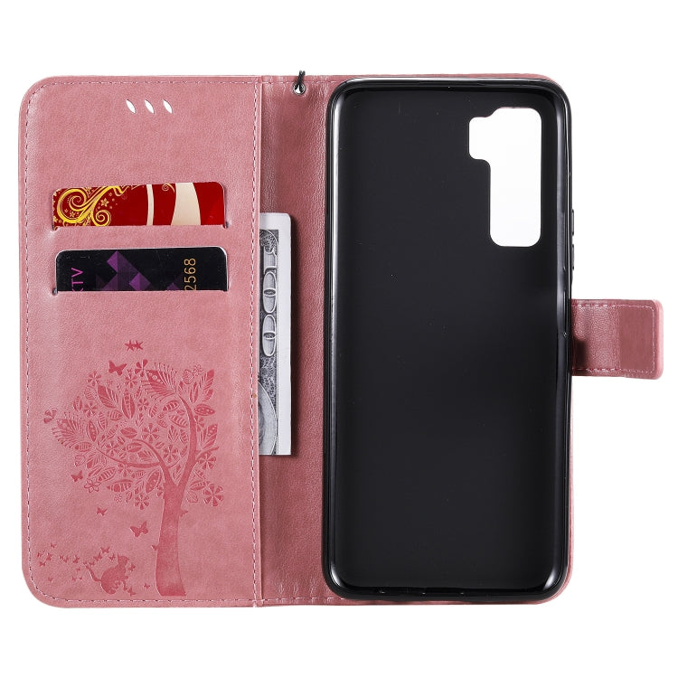 For Huawei Nova 7 SE Tree & Cat Embossed Pattern Horizontal Flip Leather Case with Holder & Card Slots & Wallet & Lanyard