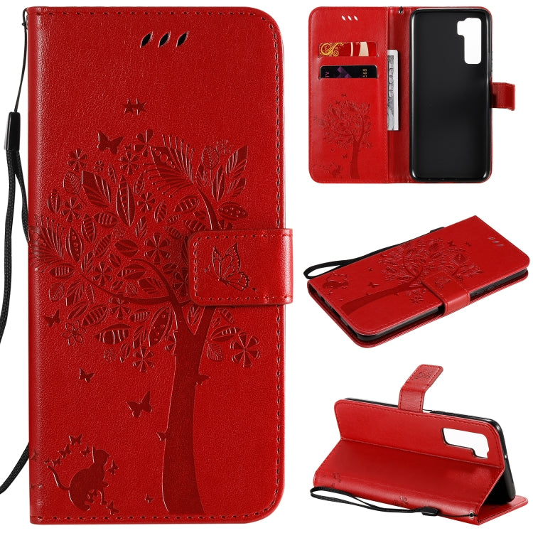 For Huawei Nova 7 SE Tree & Cat Embossed Pattern Horizontal Flip Leather Case with Holder & Card Slots & Wallet & Lanyard