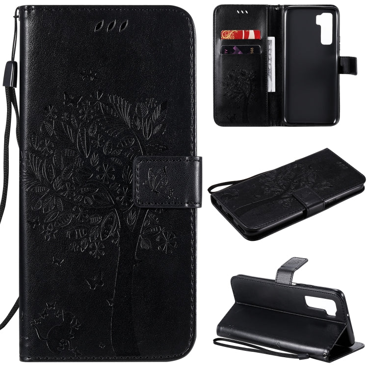 For Huawei Nova 7 SE Tree & Cat Embossed Pattern Horizontal Flip Leather Case with Holder & Card Slots & Wallet & Lanyard